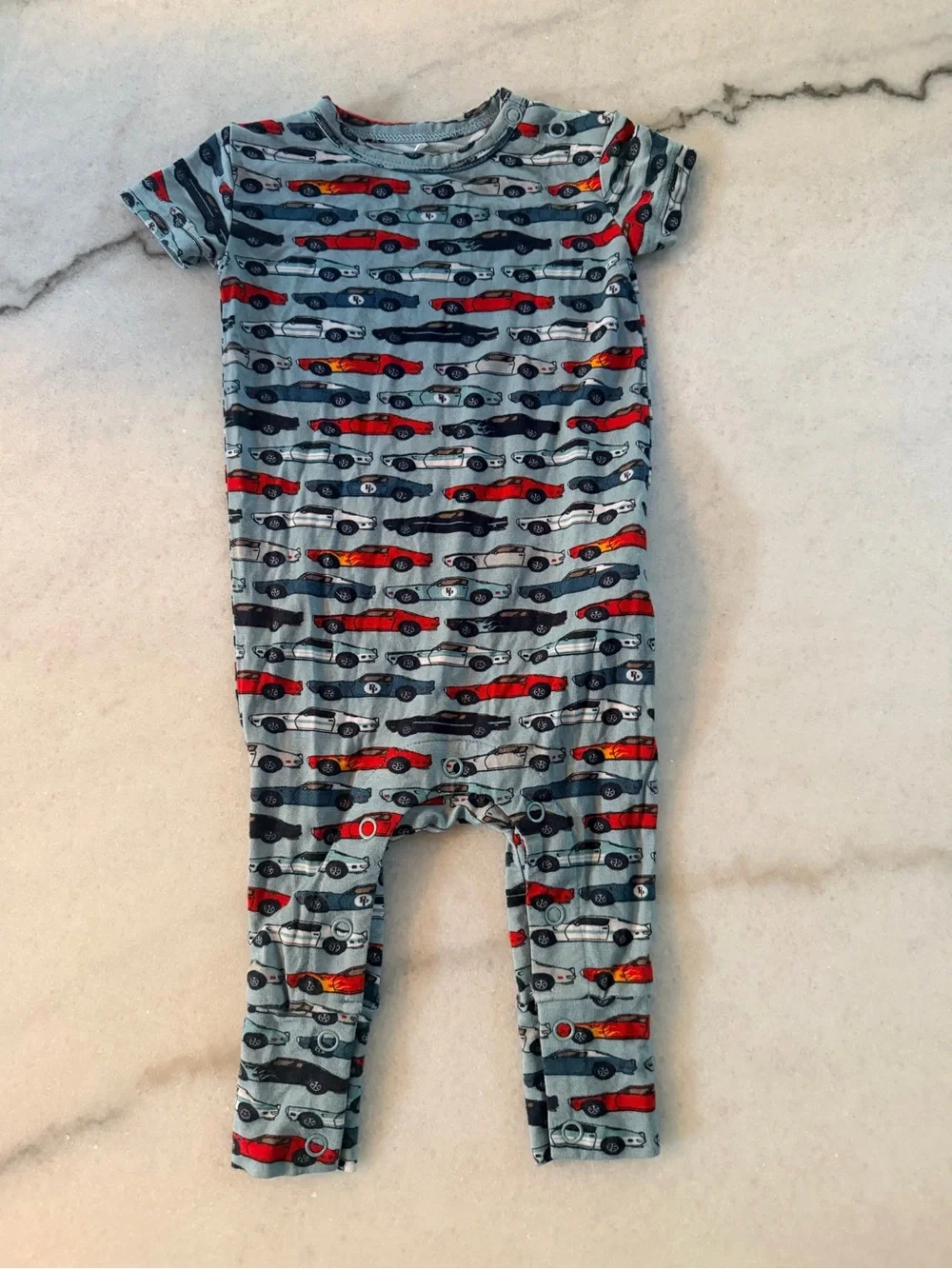 Posh Peanut Blue Car-Print Romper with Red & Navy Accents